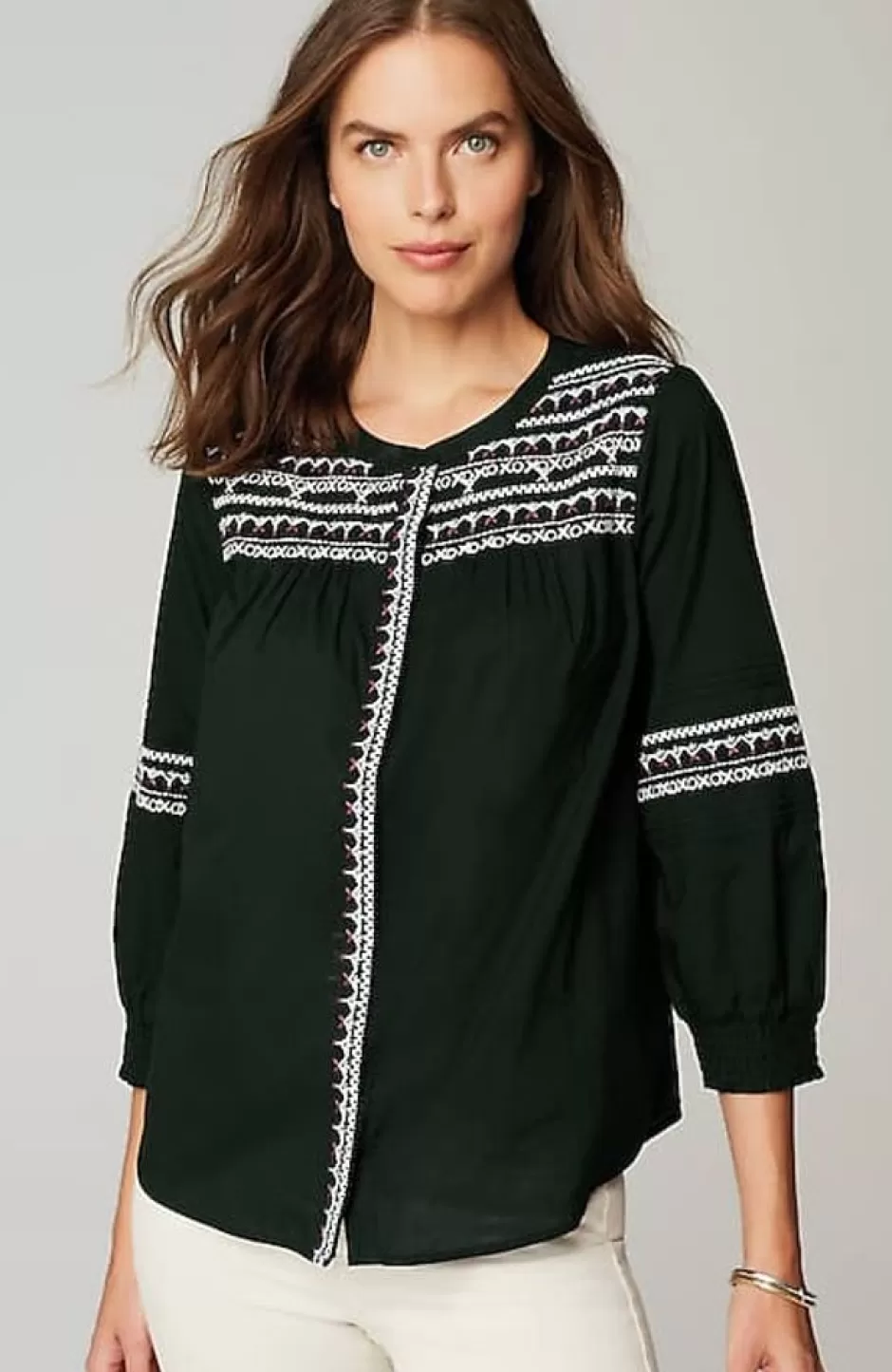 J.Jill Embroidered Smocked-Sleeve Top | Jjill | Women Shirts & Blouses