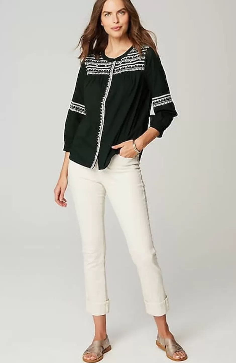 J.Jill Embroidered Smocked-Sleeve Top | Jjill | Women Shirts & Blouses