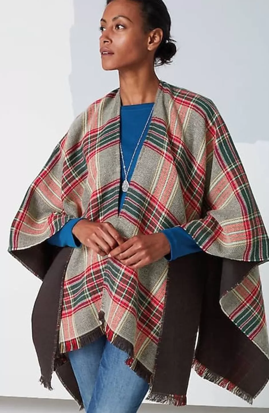 J.Jill Fringe-Trimmed Plaid Ruana | Jjill | Women Ponchos, Ruanas & Scarves