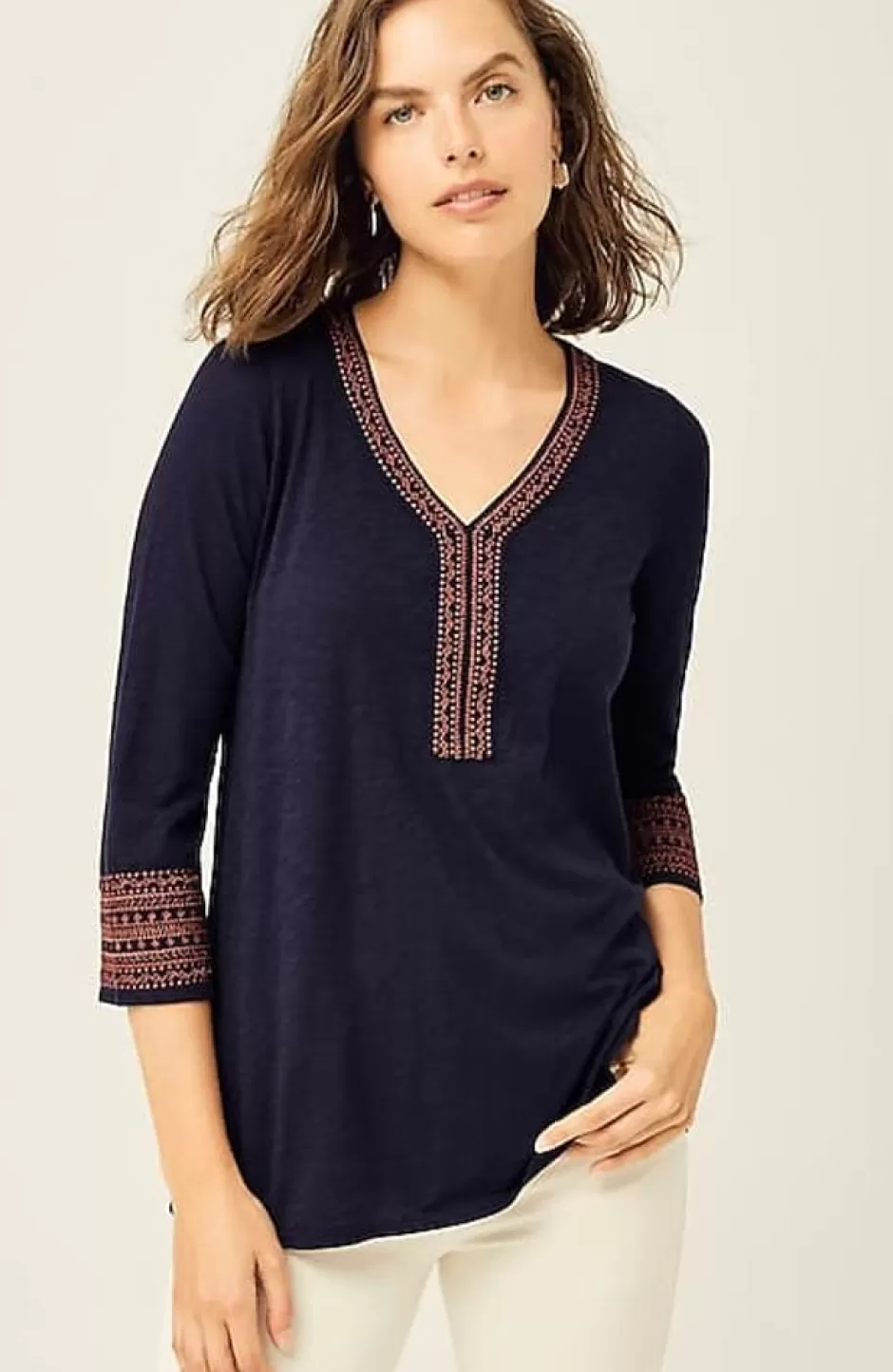 J.Jill Geometrically Embroidered V-Neck Tunic | Jjill | Women Tops & Tees