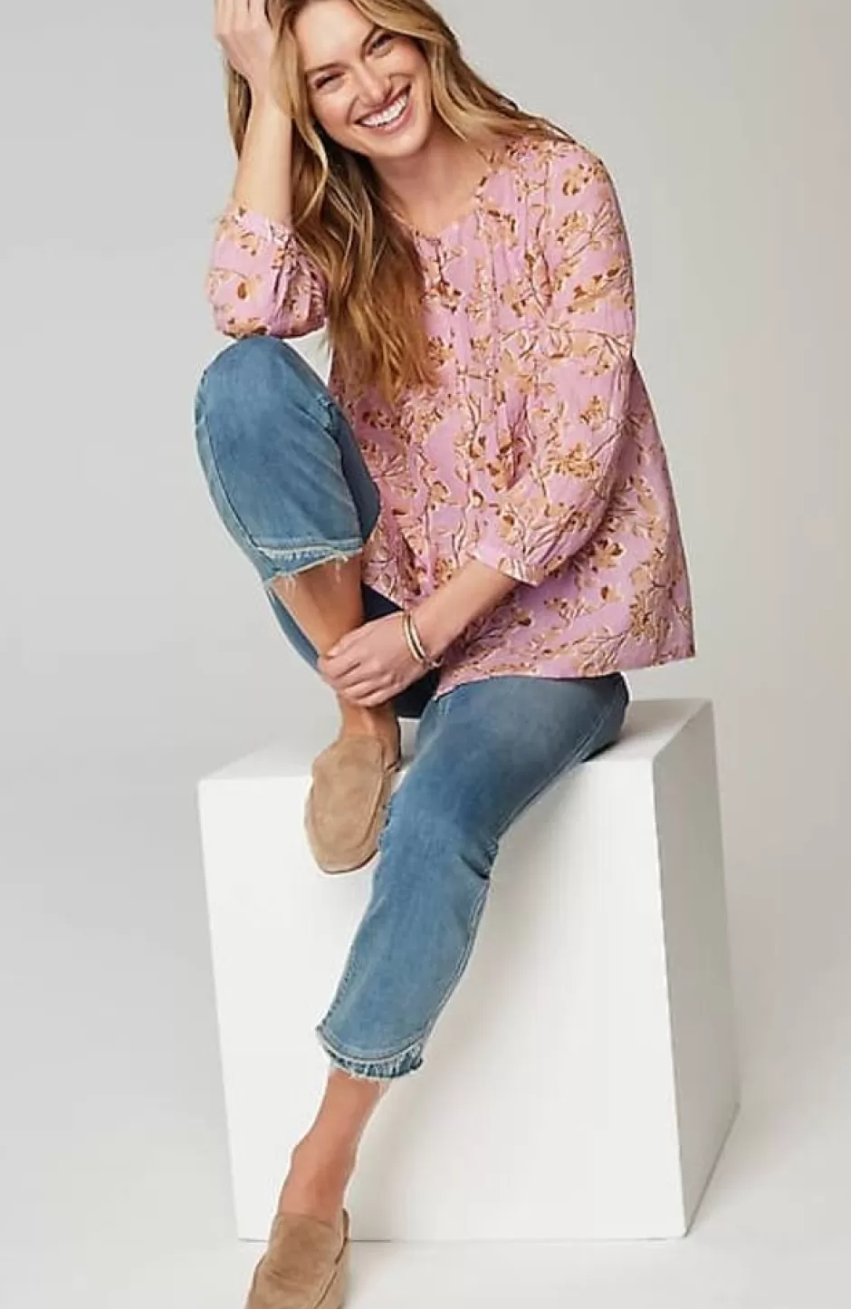 J.Jill Printed A-Line Pintucked Top | Jjill | Women Shirts & Blouses