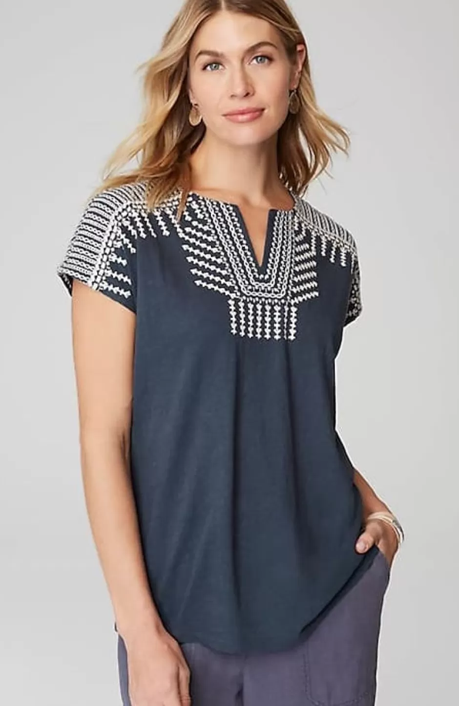 J.Jill Pure Jill Embroidered Split-Neck Tee | Jjill | Women Tops & Tees