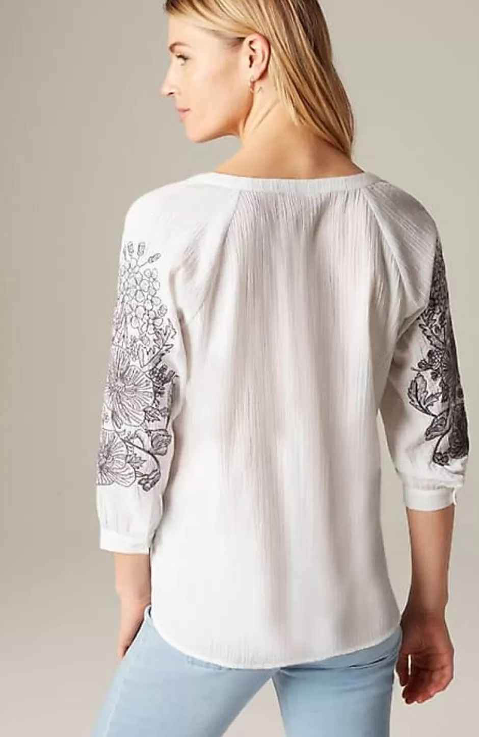 J.Jill Pure Jill Embroidered-Sleeve Crinkled Top | Jjill | Women Shirts & Blouses