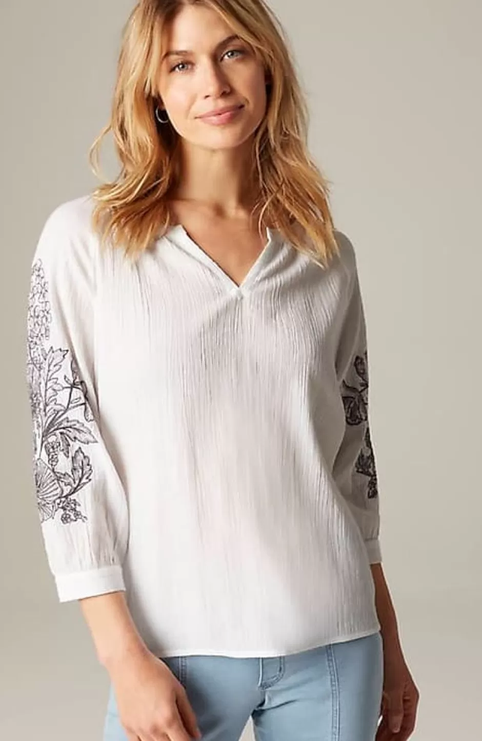 J.Jill Pure Jill Embroidered-Sleeve Crinkled Top | Jjill | Women Shirts & Blouses