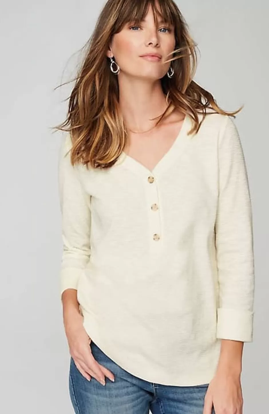 J.Jill Textured-Cotton Rolled-Cuff Henley Top | Jjill | Women Tops & Tees