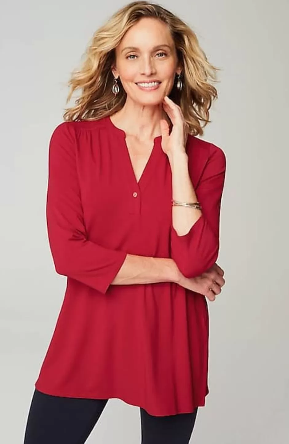 J.Jill Wearever Shirred-Yoke Split-Neck Tunic | Jjill | Women Tops & Tees